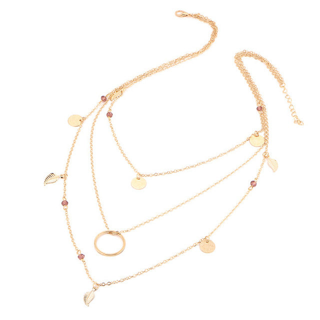 17KM Fashion Multi Layer Leaf Chain Necklaces for Women - Bohemian Blue Stone Choker Jewelry
