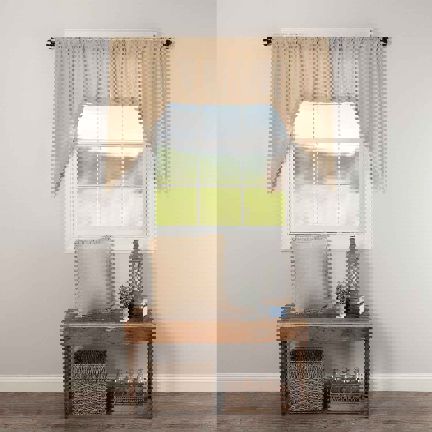 Burlap Vintage Swag Curtains - Set of 2, Light Tan, 36x36 Inches