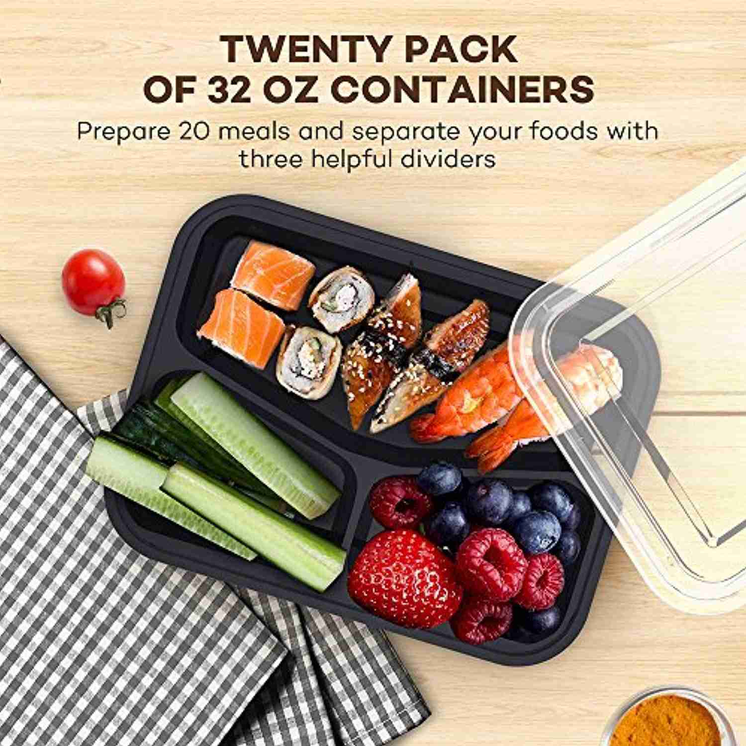 32 oz Meal Prep Food Containers (20 Pack) - 3 Compartment Bento Lunch Boxes, BPA Free & Stackable