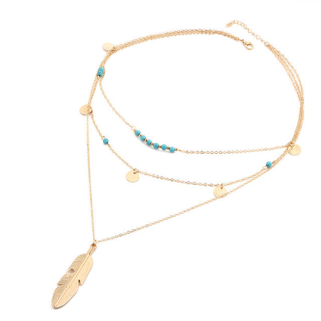 17KM Fashion Multi Layer Leaf Chain Necklaces for Women - Bohemian Blue Stone Choker Jewelry