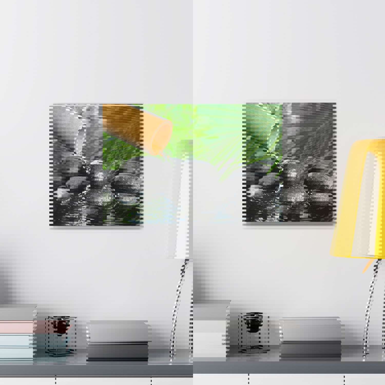 Bamboo Fountain with Stones Forest Floral Nature Photography Canvas Wall Art for Home Decor