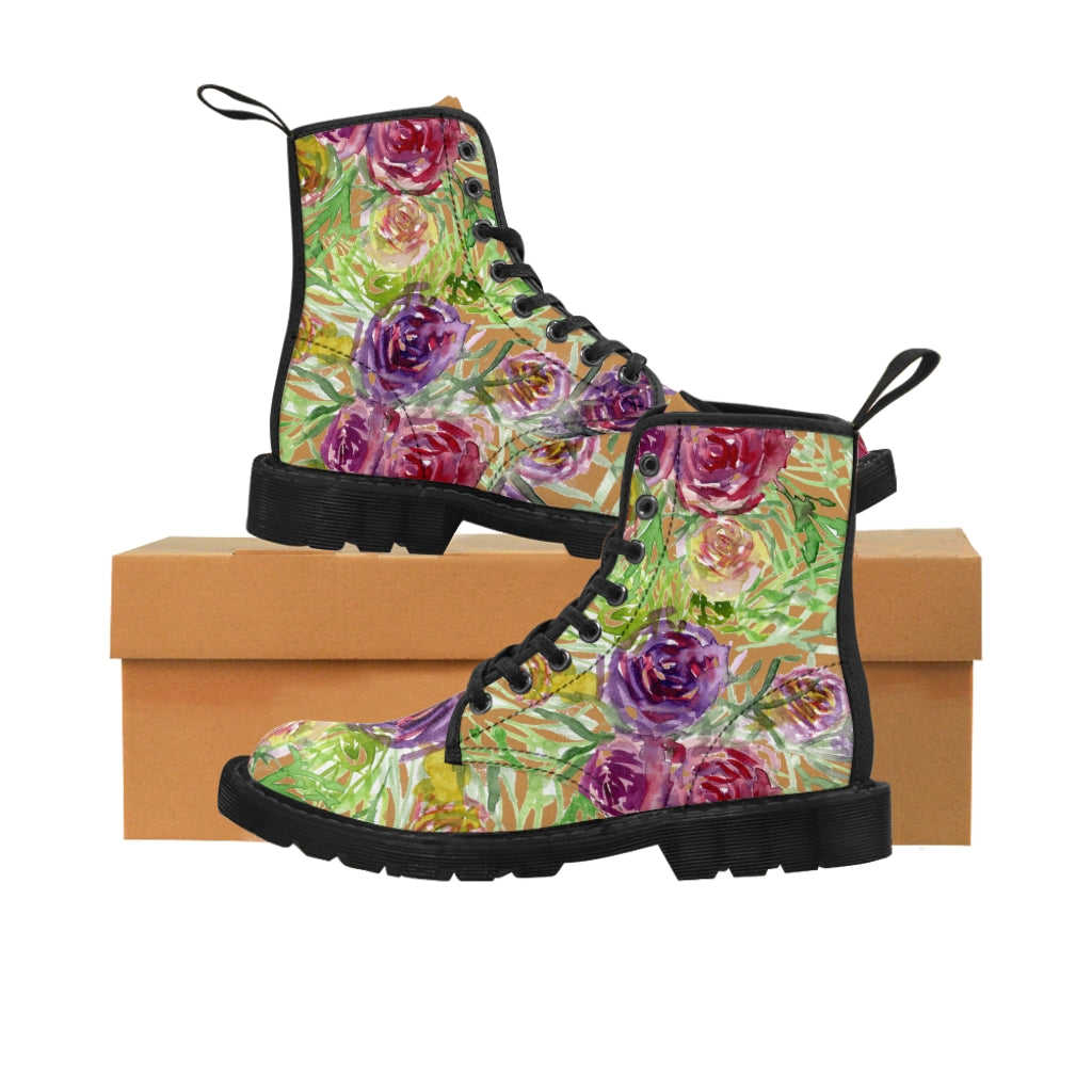 Brown Yellow Floral Women's Boots - Vintage Style Hiking Combat Boots