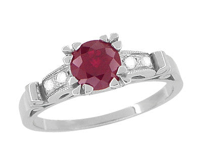 Art Deco Ruby and Diamonds Engagement Ring in 18K White Gold