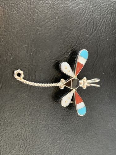 Handmade Zuni Turquoise MOP Inlay Dragonfly Sterling Silver Necklace Pendant