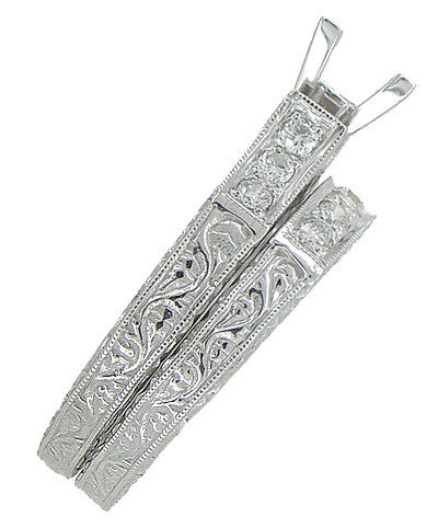 Platinum Art Deco Engraved Scrolls 2 Carat Princess Cut Diamond Engagement Ring Setting and Companion Wedding Ring