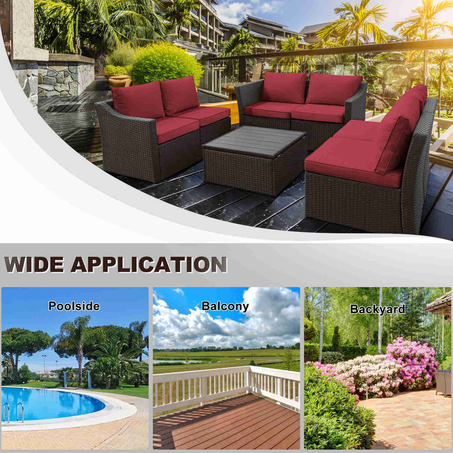 7 Pcs Outdoor Sectional Sofa with Storage Table, Adjustable Backrest, and Wine Red Cushions