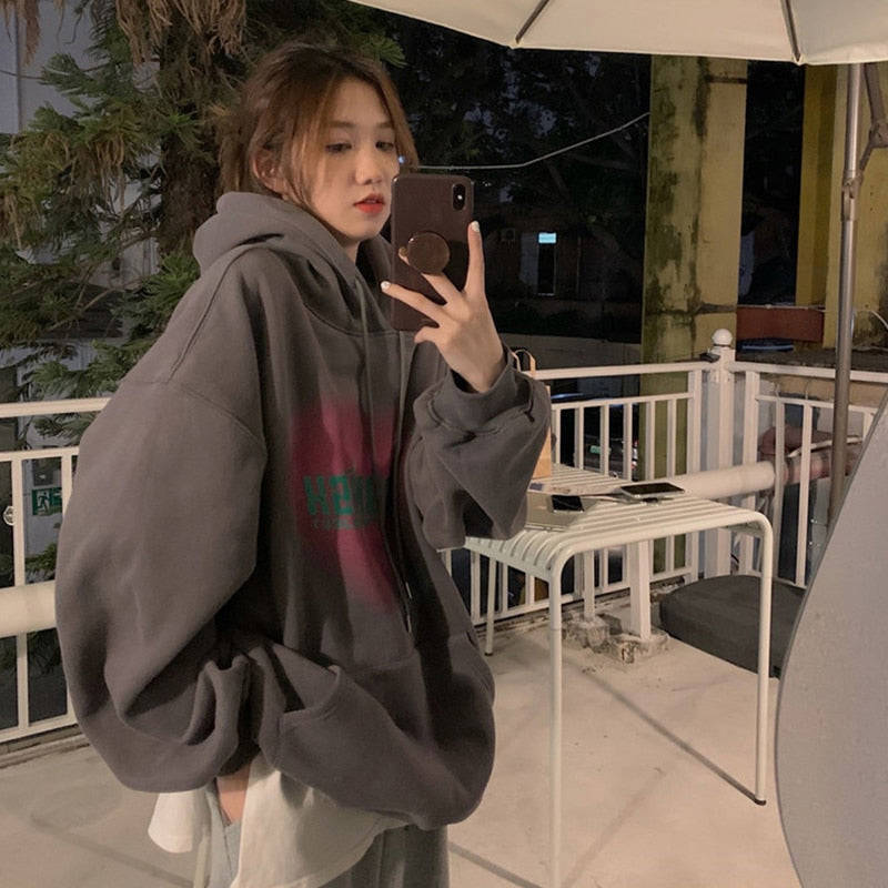 Trizchlor Women's Grey Fashion Letter Printing Baggy Pullover Hoodie