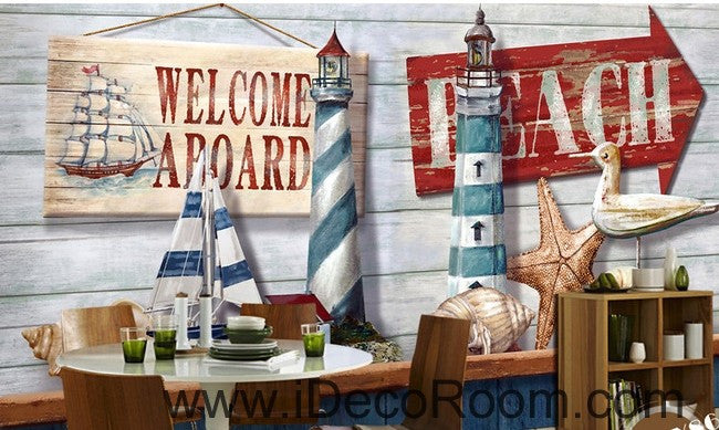 Retro Light House Sail Boat Shell Beach Wallpaper Wall Decals - Home Decor Mural Art Print