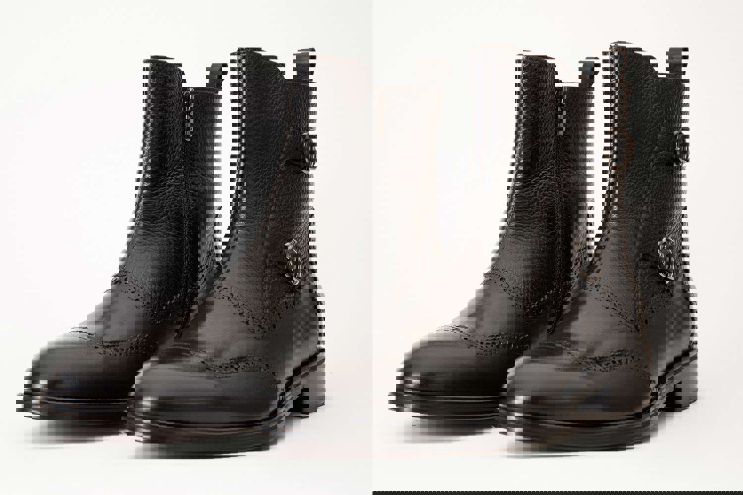 Rand Black Leather Double Buckle Brogue Men Boot with Zipper