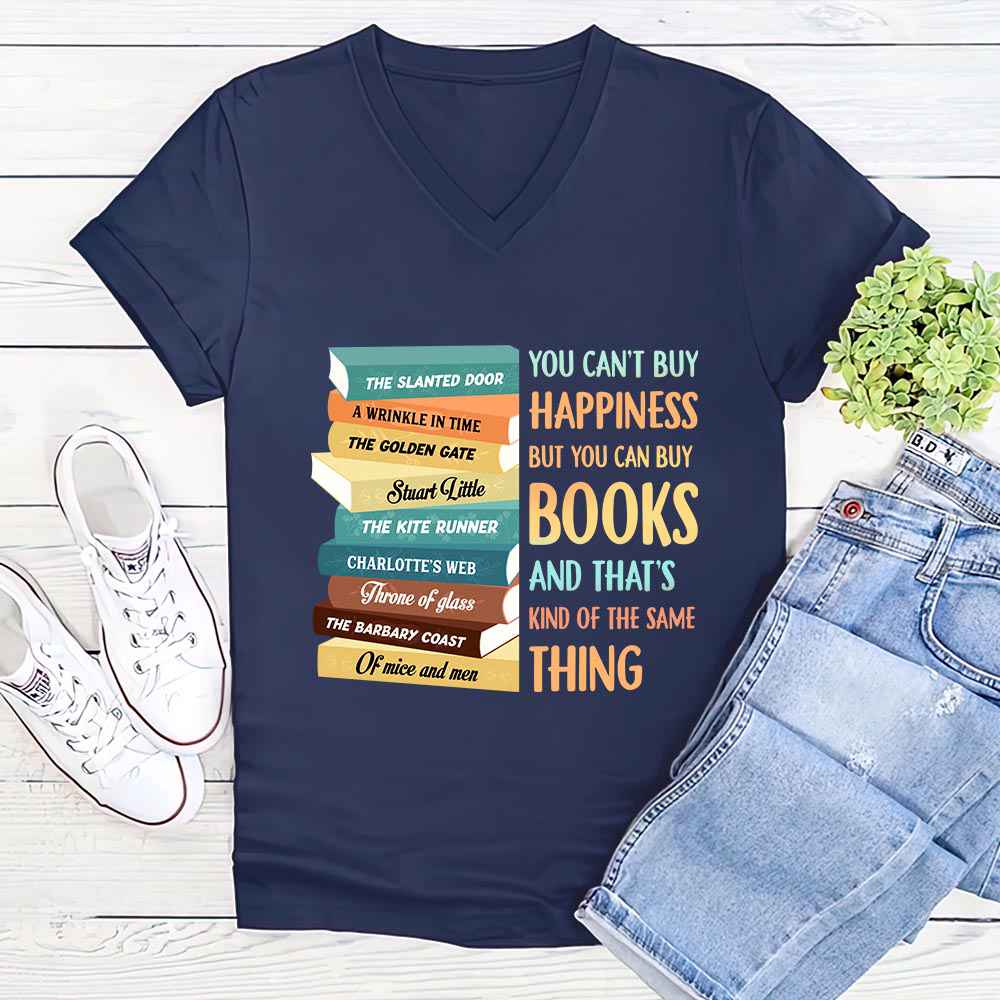 Custom Bookshelf T-Shirt for Book Lovers - 'You Can't Buy Happiness But You Can Buy Books' Design