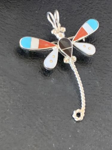 Handmade Zuni Turquoise MOP Inlay Dragonfly Sterling Silver Necklace Pendant