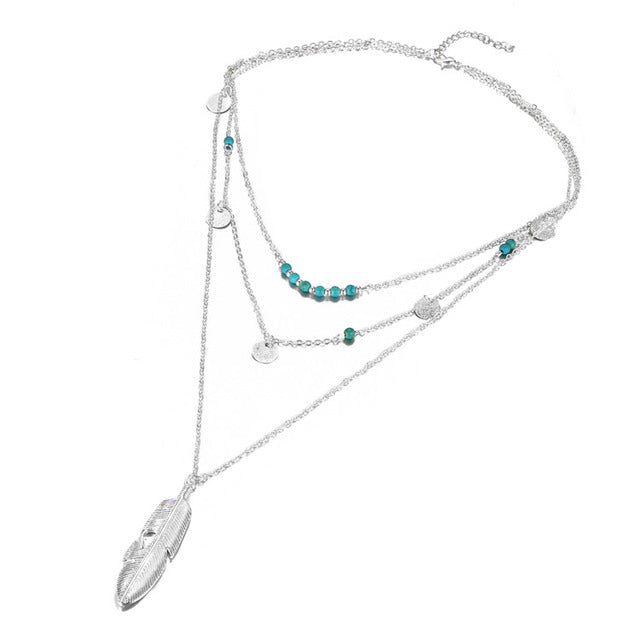 17KM Fashion Multi Layer Leaf Chain Necklaces for Women - Bohemian Blue Stone Choker Jewelry