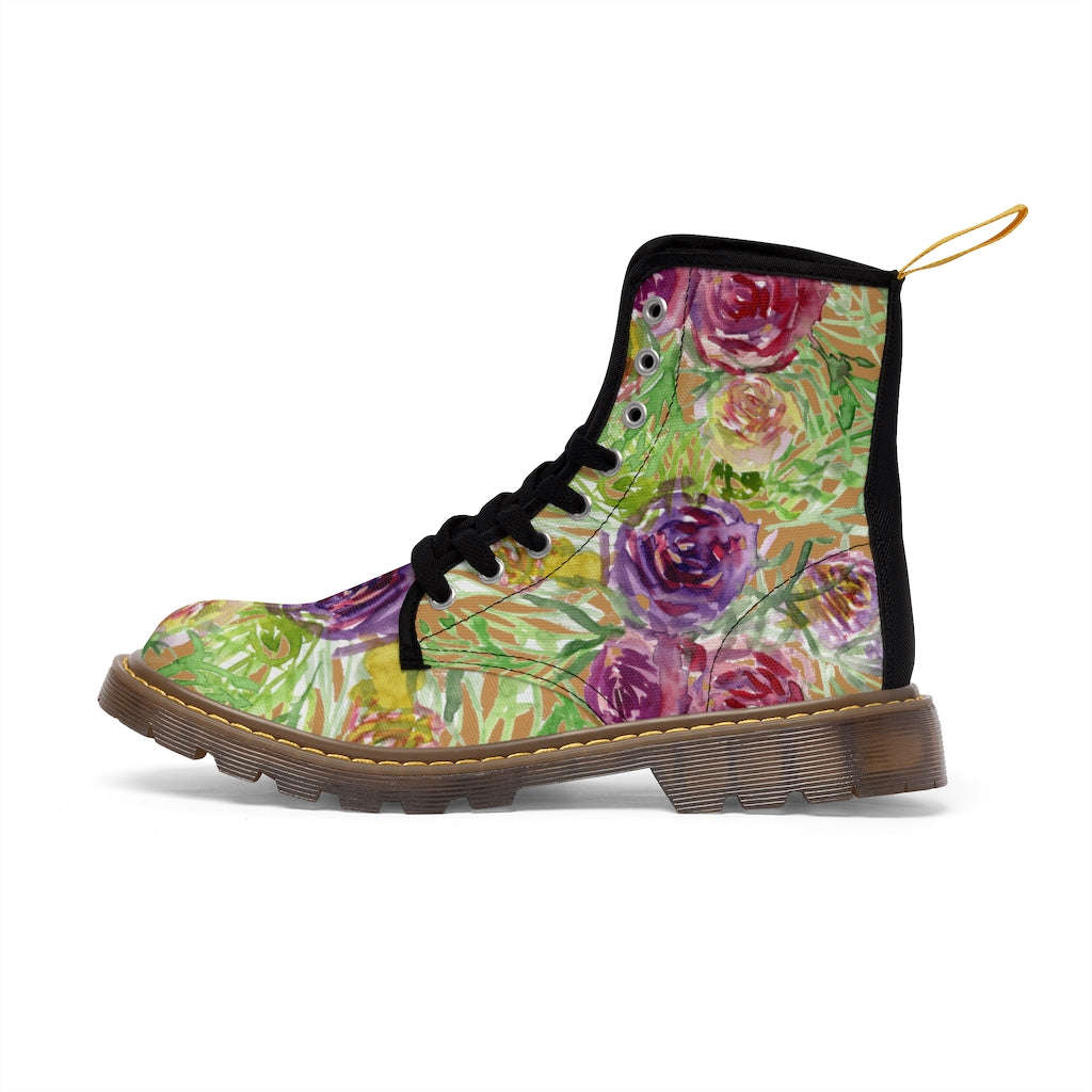 Brown Yellow Floral Women's Boots - Vintage Style Hiking Combat Boots