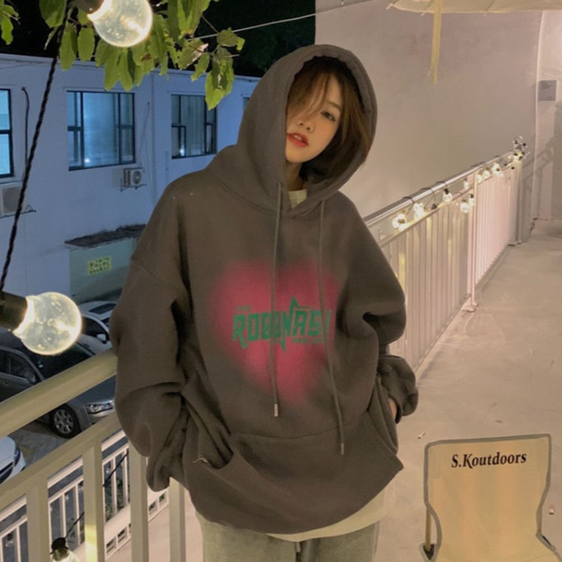 Trizchlor Women's Grey Fashion Letter Printing Baggy Pullover Hoodie