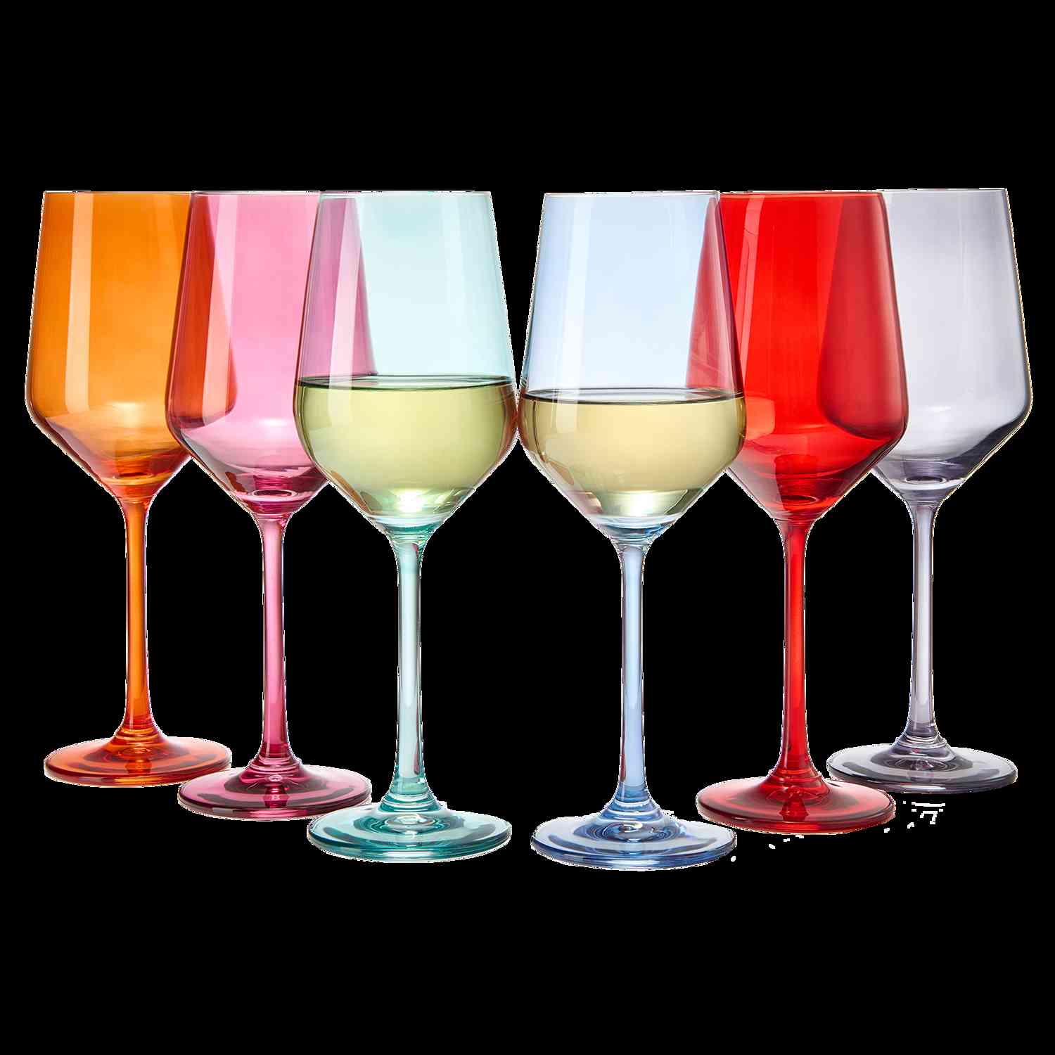 Colored Wine Glass Set of 6, Italian Style Stemmed Glasses for White & Red Wine, Water, Margarita - Perfect for Dinner Parties