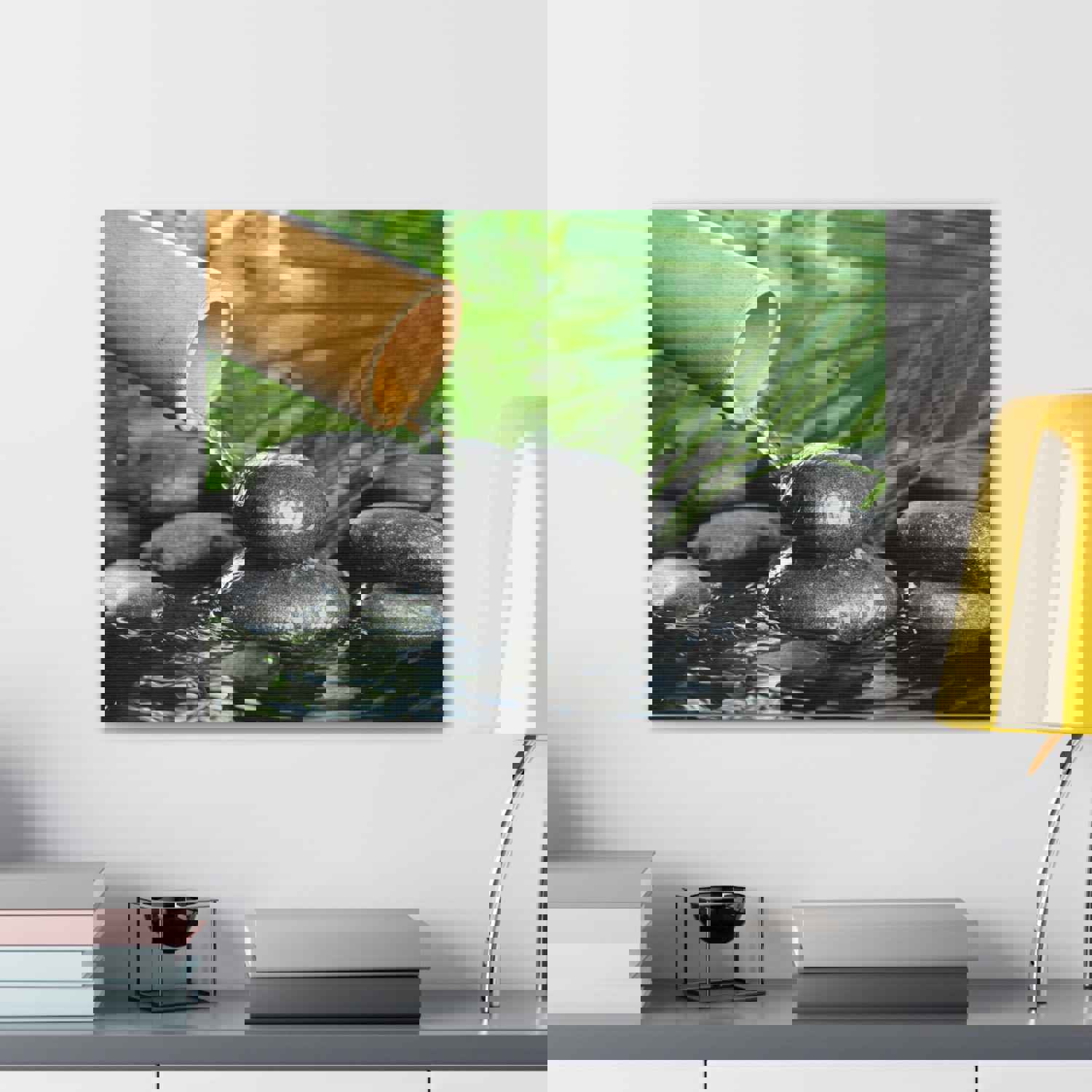 Bamboo Fountain with Stones Forest Floral Nature Photography Canvas Wall Art for Home Decor