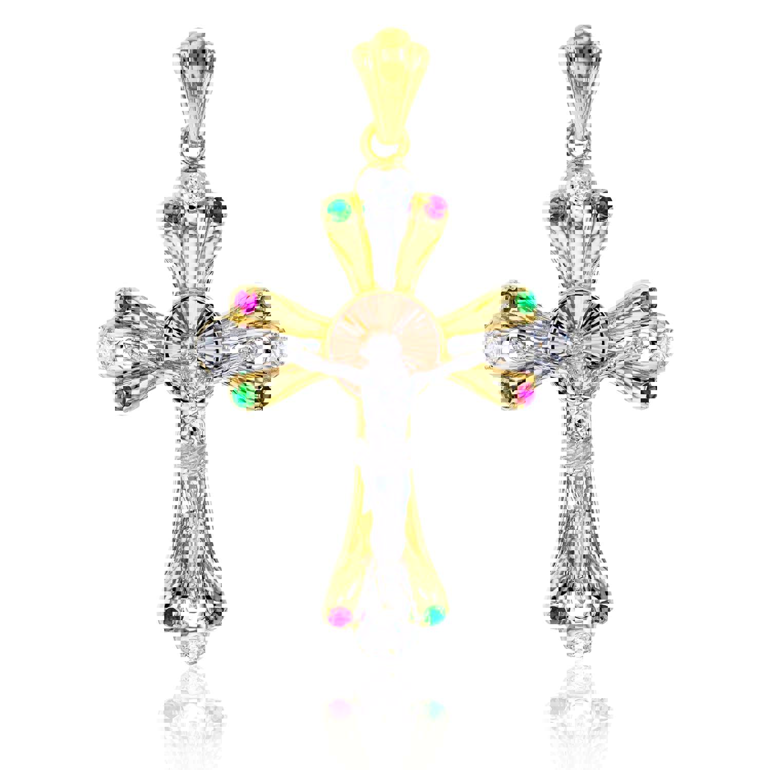 14K Gold Tricolor Ruby Emerald White Cross Pendant