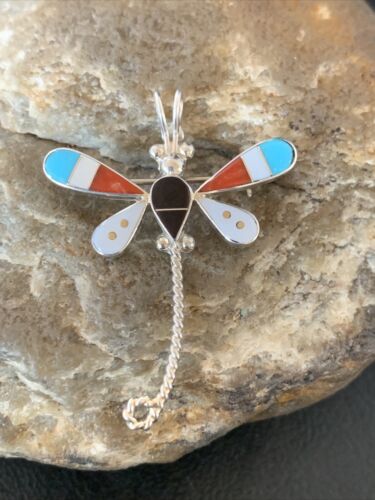 Handmade Zuni Turquoise MOP Inlay Dragonfly Sterling Silver Necklace Pendant