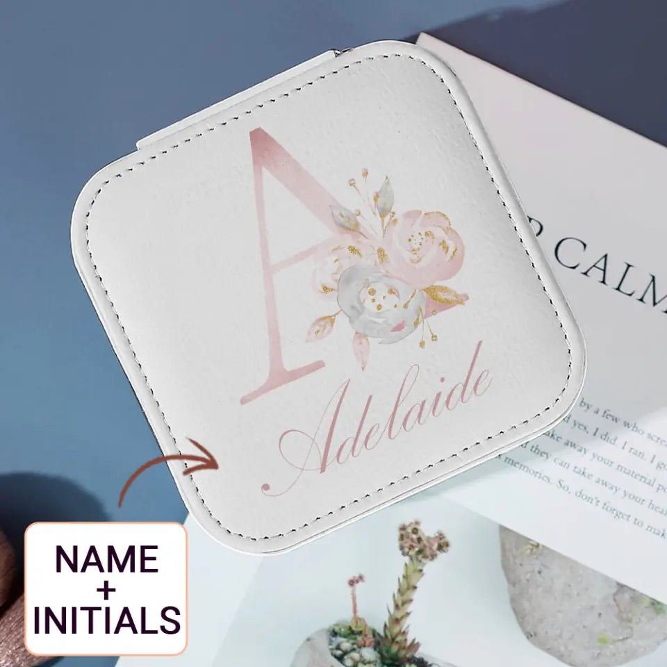 Custom Name & Initials Jewelry Organizer Box for Mom - PU Leather Decorative Trinket Case
