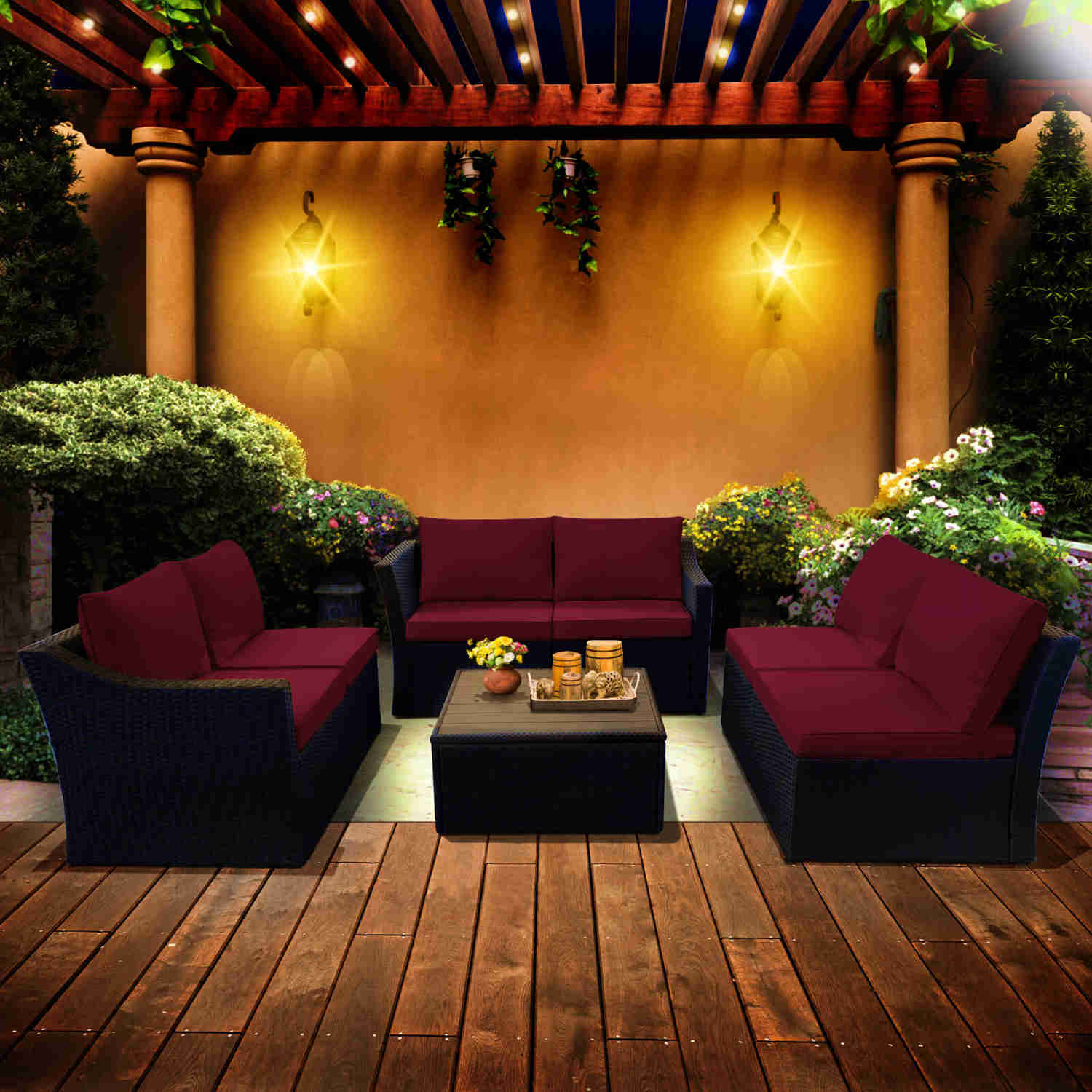 7 Pcs Outdoor Sectional Sofa with Storage Table, Adjustable Backrest, and Wine Red Cushions