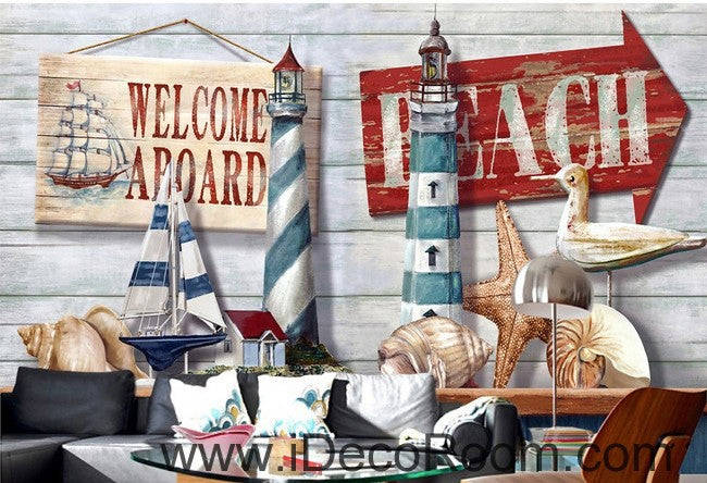 Retro Light House Sail Boat Shell Beach Wallpaper Wall Decals - Home Decor Mural Art Print