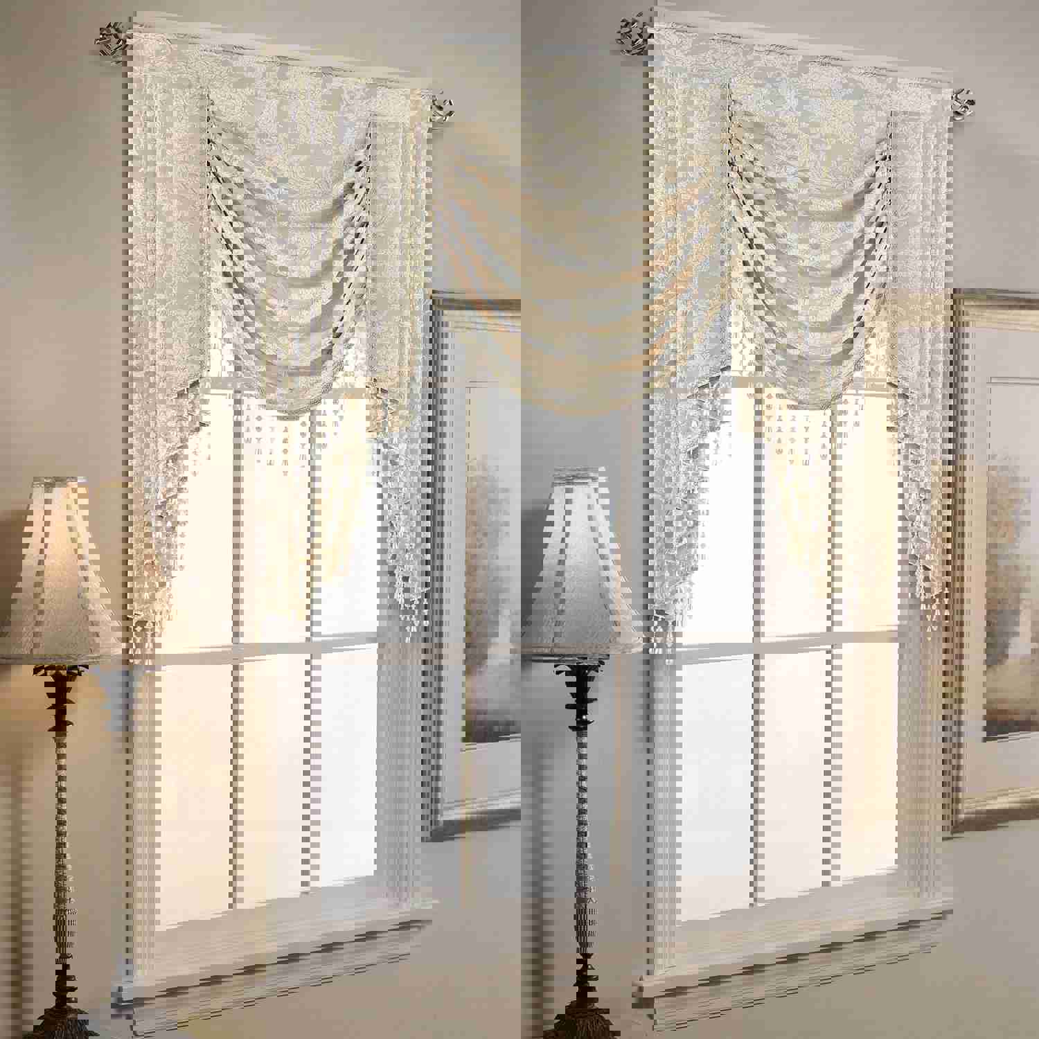 Alps Swag Valance - Beige with White Damask Patterns