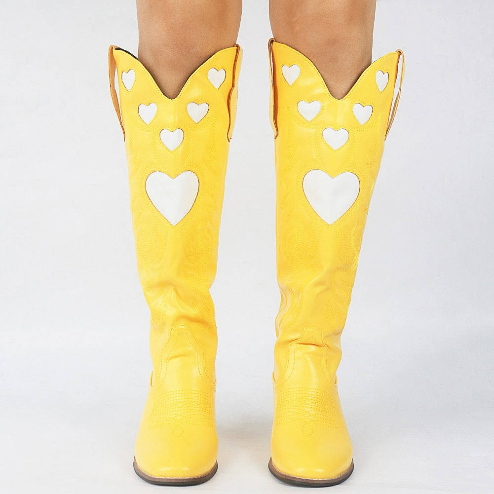 Pink Heart Shape Knee High Cowboy Boots For Women - Retro Western Style