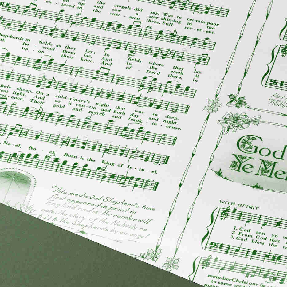 Green Vintage Holiday Music Sheets Gift Wrapping Paper | Christmas Carol Premium Wrapping Paper Rolls