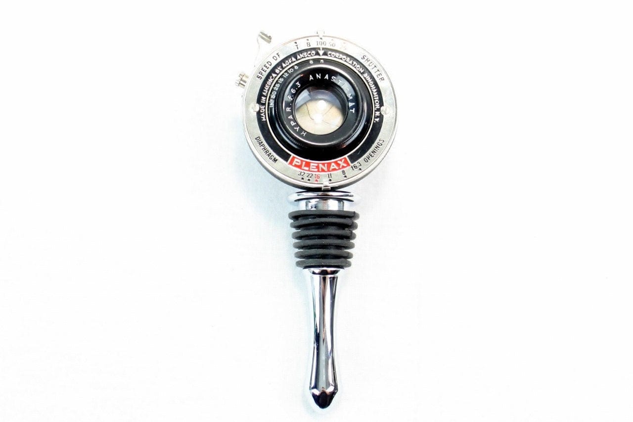Vintage PB20 Plenax Agfa Folding Camera Lens Wine and Champagne Bottle Stopper with Art Deco Display Stand