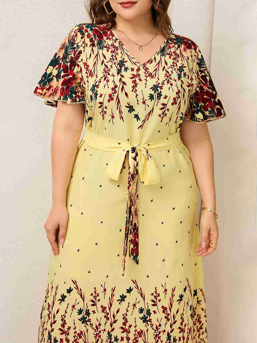 2023 Women Summer Long Dress V Neck Short Sleeve Floral Print Boho Beach Dress