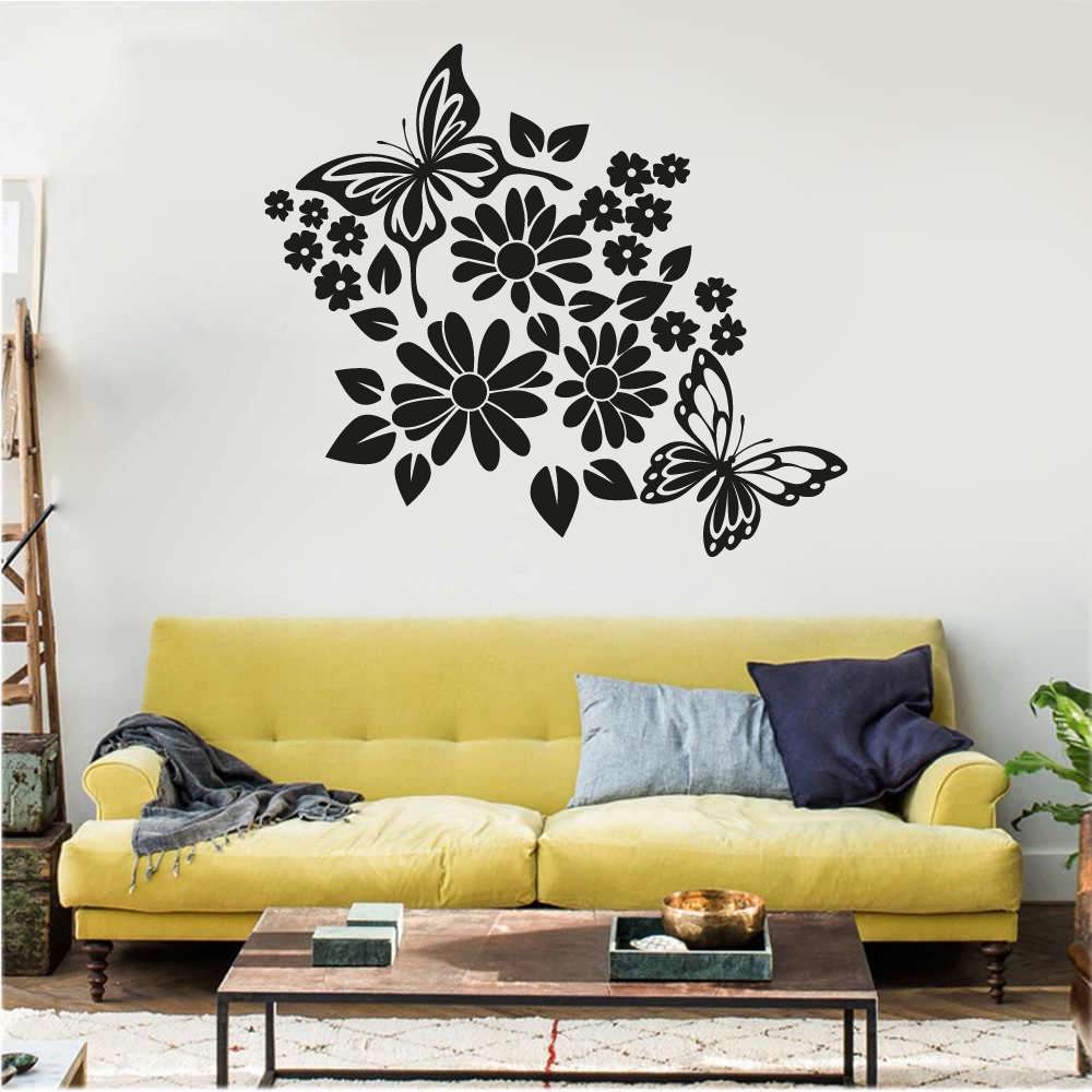 Flowers Floral Vinyl Wall Sticker Wall Decal - Butterfly Flower Butterflies Garden Flowers Floral Spring Silhouette