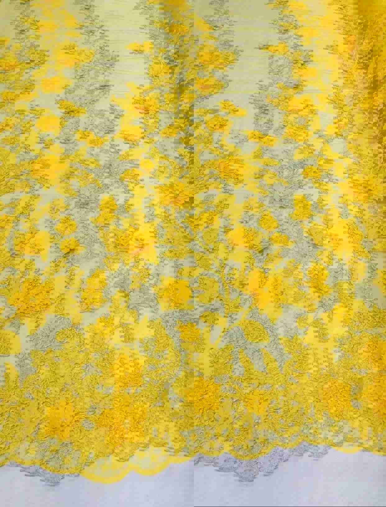 Yellow 3D Floral Embroidered Mesh Lace Fabric for Dresses and Decor
