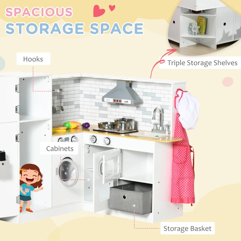 Qaba Corner Play Kitchen with Lights & Sounds, Wooden Kids Kitchen Playset with Storage, Ice Maker, and Accessories
