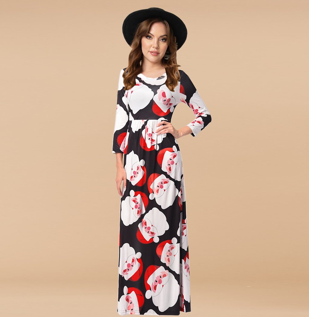 Fashion Black Santa Claus Printing Long Sleeve Christmas Maxi Dress