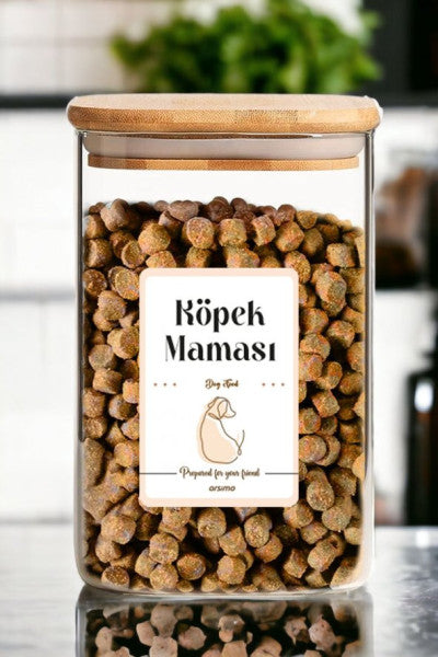 Labeled Vacuum Beech Wood Crystal Storage Container Jar with Lid | Dog Food Container 1700 mL