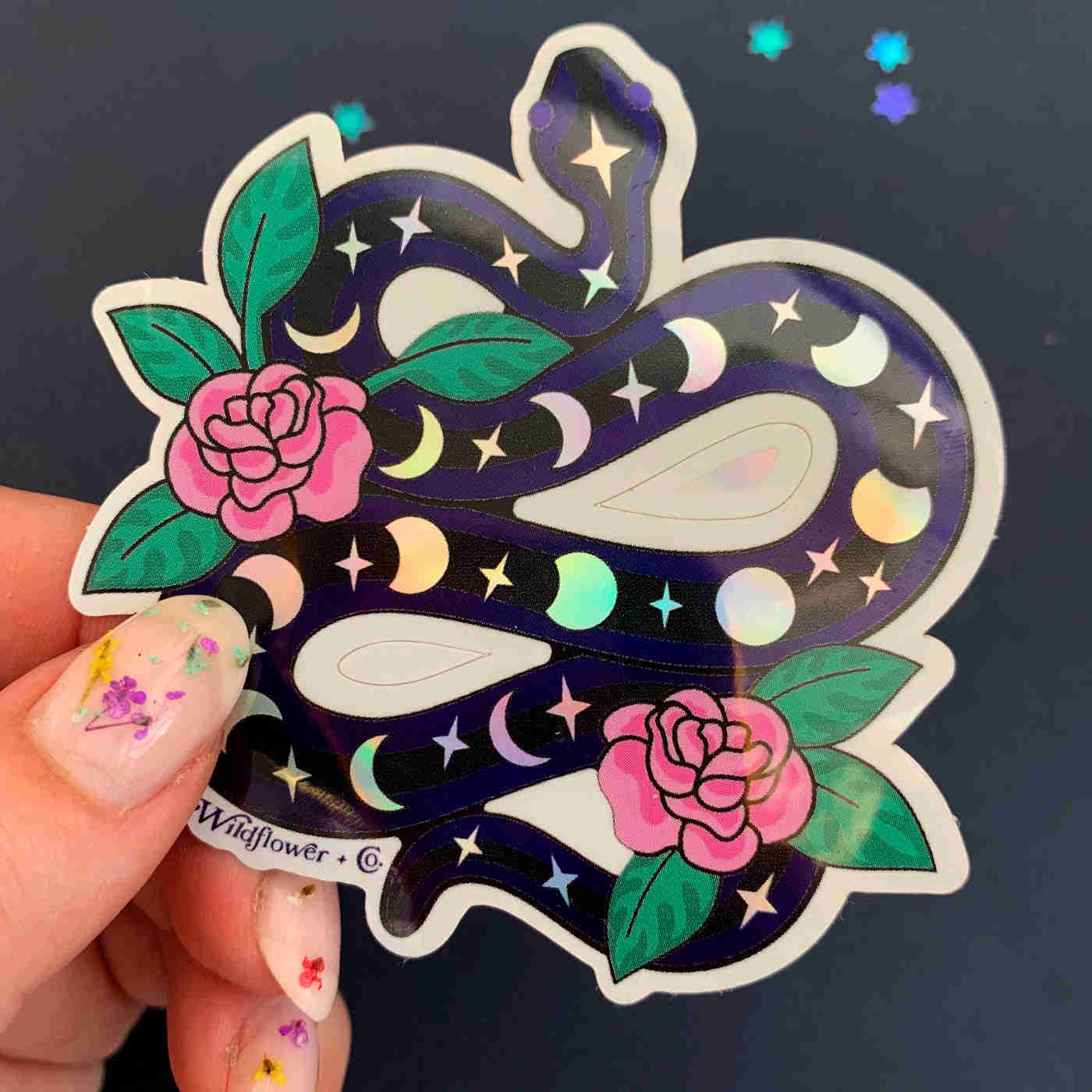 Holographic Serpent & Flowers Sticker - Waterproof & Scratch Resistant