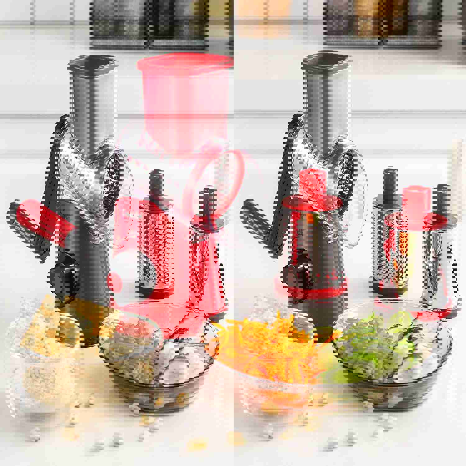 Rotary Cheese Grater with 3 Interchangeable Blades - Kitchen Mandoline Slicer for Fruits, Vegetables, and Nuts