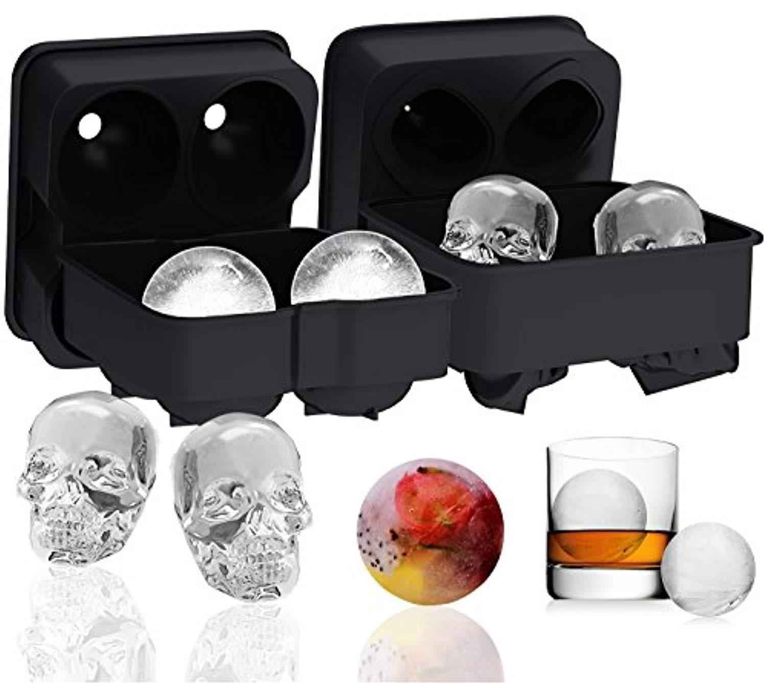 Ouddy 2 Pack Silicone Ice Ball Maker - Skull & Round Mold for Whiskey, Cocktails, and Beverages