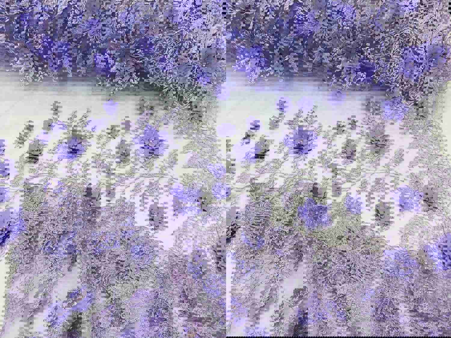 Lt Lilac Tow Tone 3D Floral Design Embroidered and Beaded Mesh Lace
