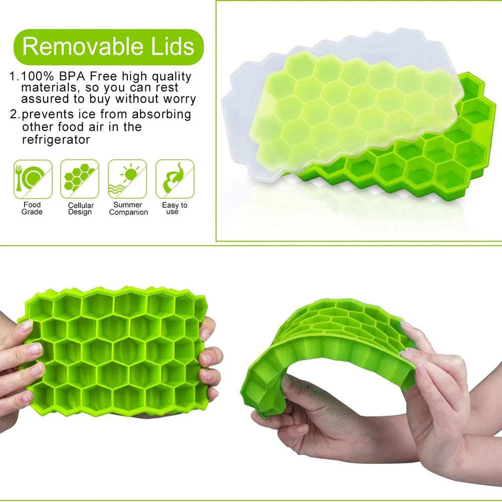 Honeycomb Ice Cube Trays Reusable Silicone Mold BPA Free with Removable Lids