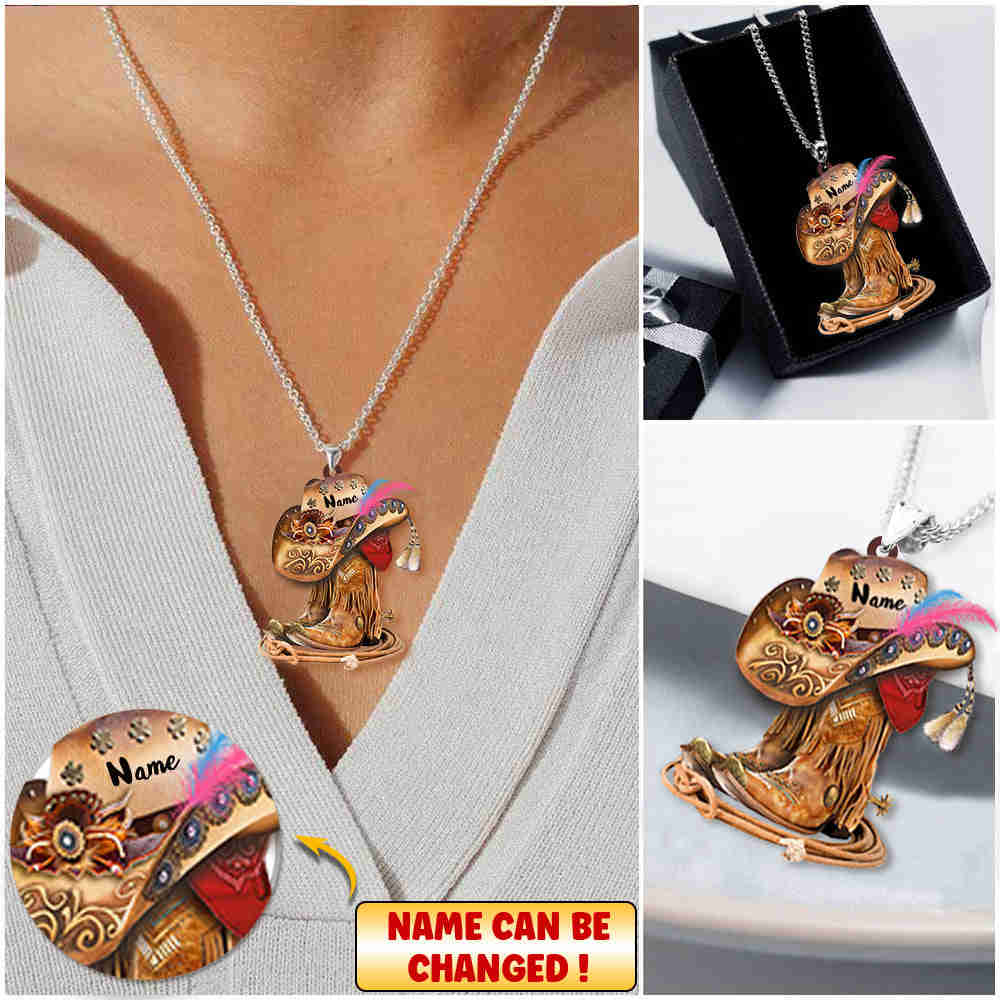 Vintage Cowgirl Boots And Hat Personalized Stainless Steel Necklace