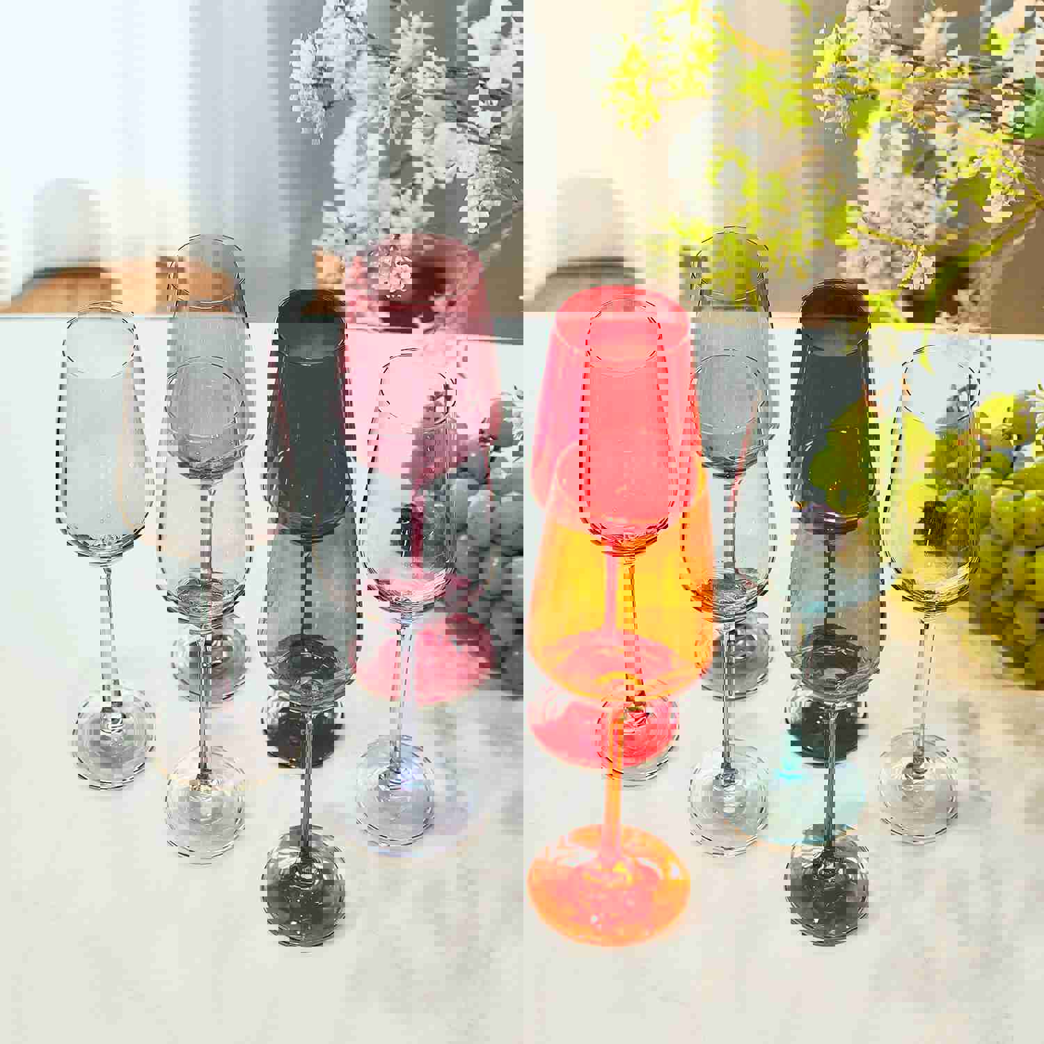 Colored Wine Glass Set of 6, Italian Style Stemmed Glasses for White & Red Wine, Water, Margarita - Perfect for Dinner Parties