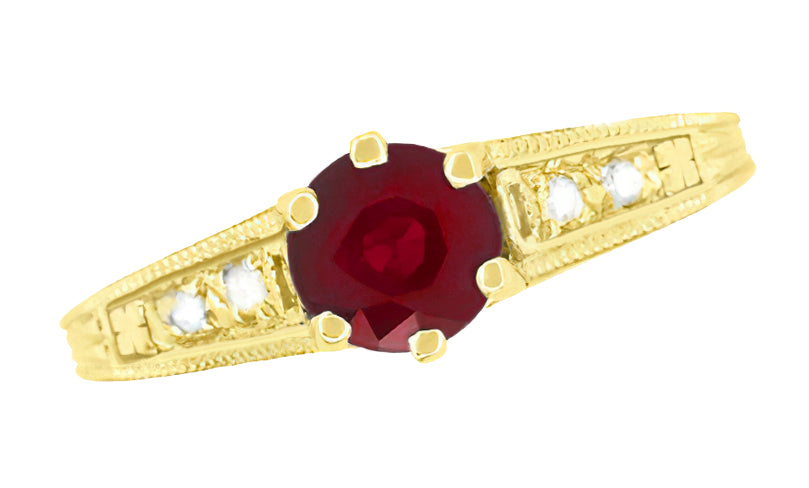 Art Deco Yellow Gold Vintage Reissue Filigree Ruby Engagement Ring with Side Diamonds