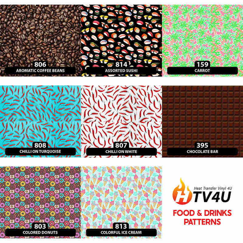 Food & Drinks Patterned HTV (13.5 x 12) - Heat Transfer Vinyl for Creative Designs