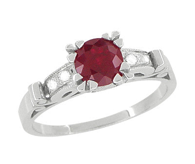 Art Deco Ruby and Diamonds Engagement Ring in 18K White Gold