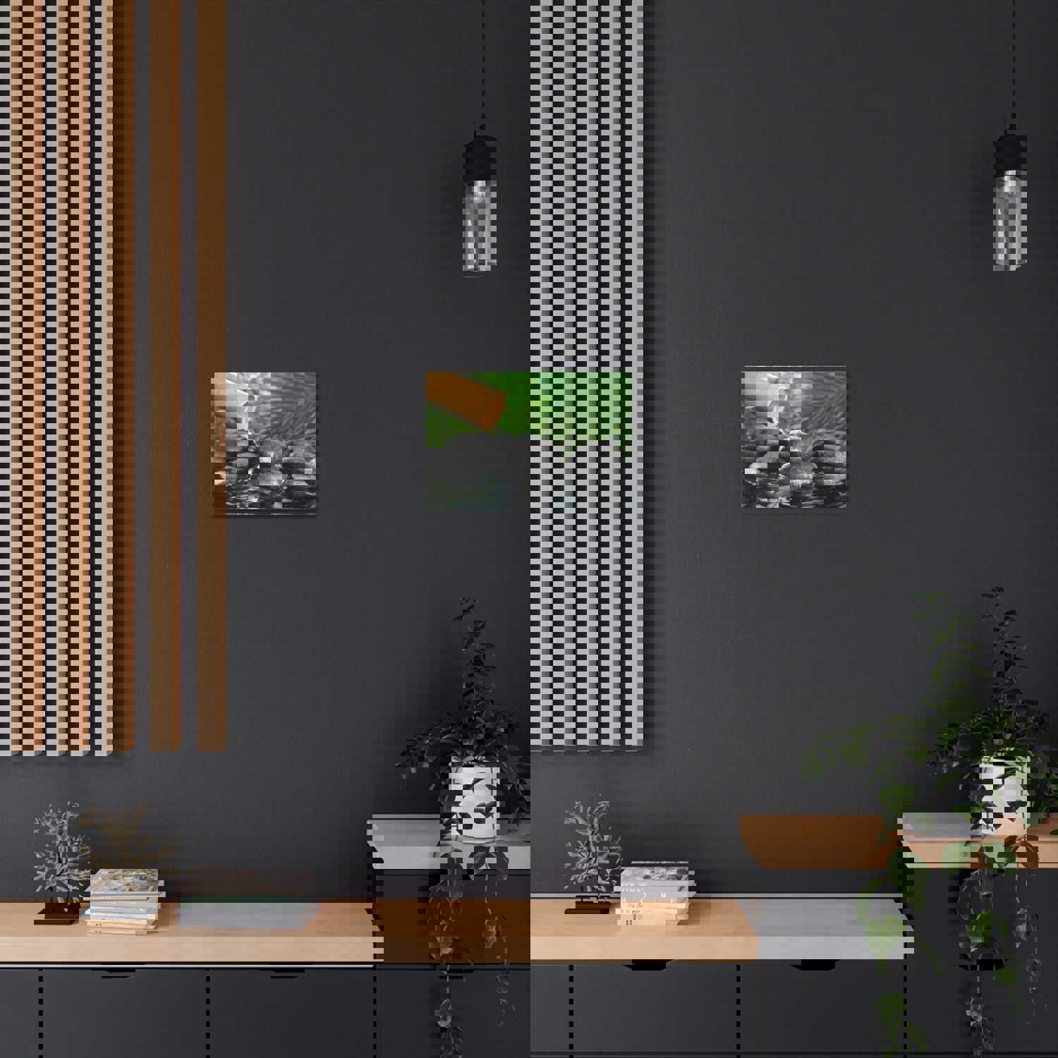 Bamboo Fountain with Stones Forest Floral Nature Photography Canvas Wall Art for Home Decor