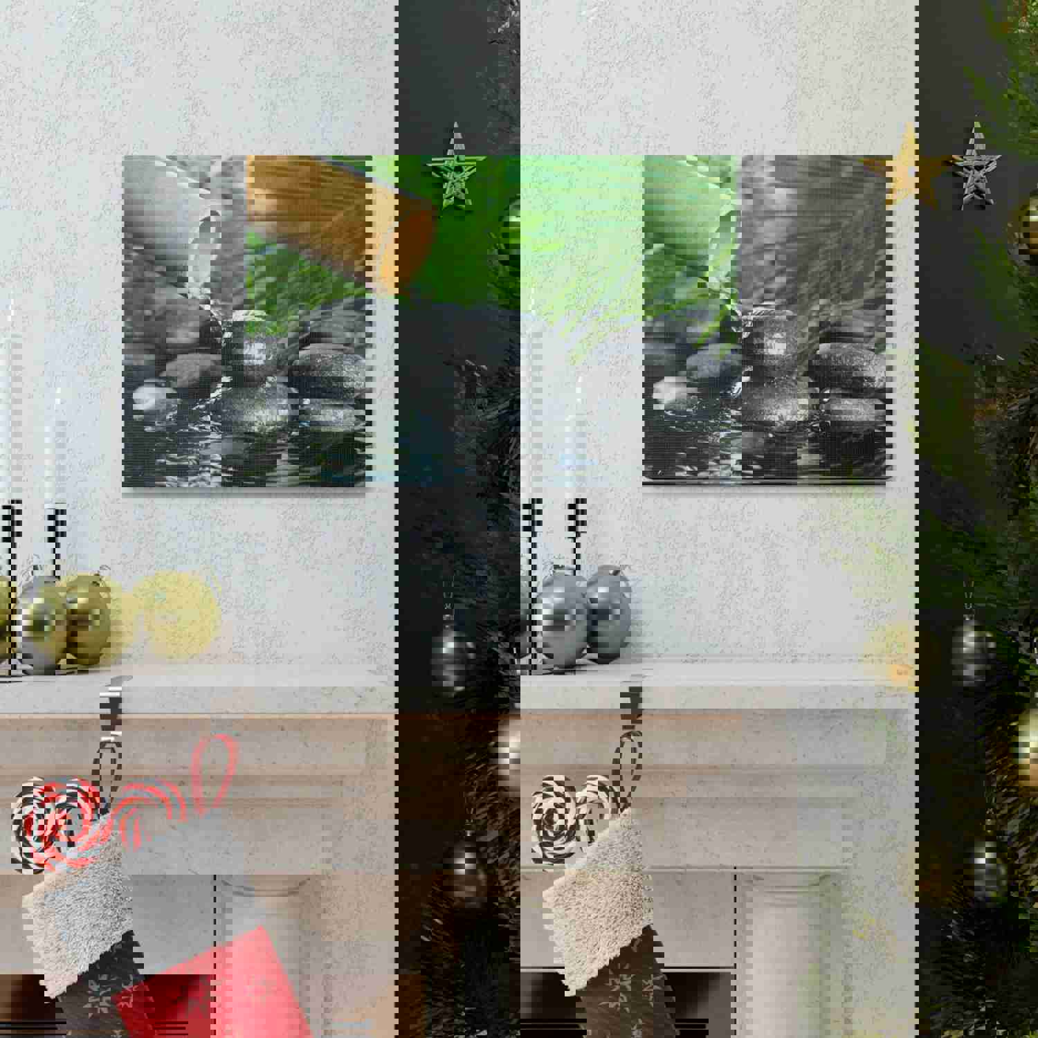 Bamboo Fountain with Stones Forest Floral Nature Photography Canvas Wall Art for Home Decor