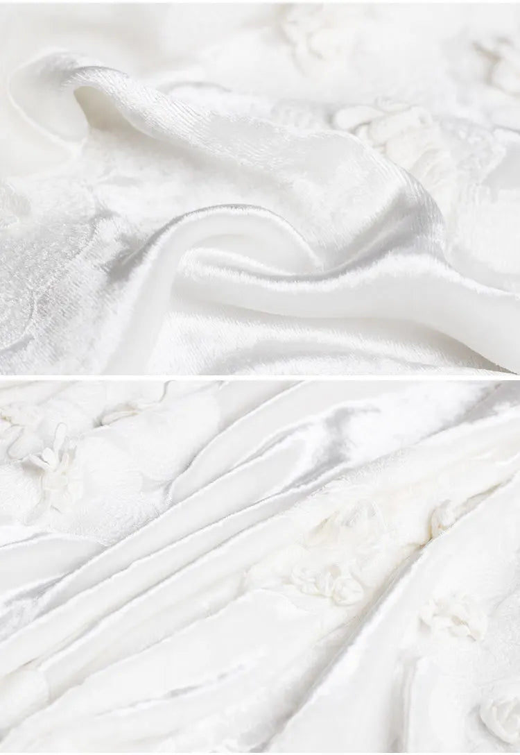 Pure White Silk Velvet 3D Jacquard Embroidery Spring Dress