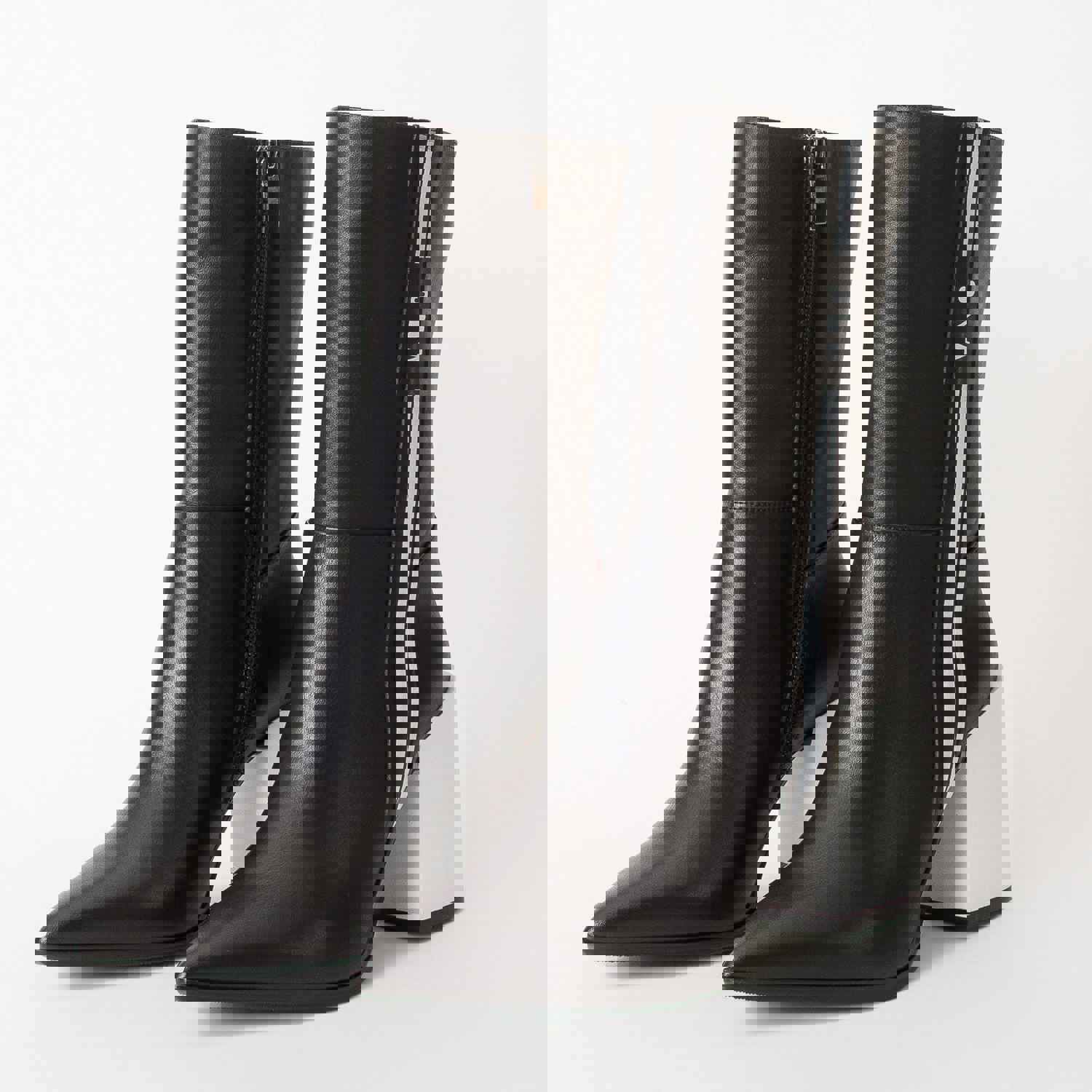 Loretto Black Leather Block Heel Mid Calf Women Boot