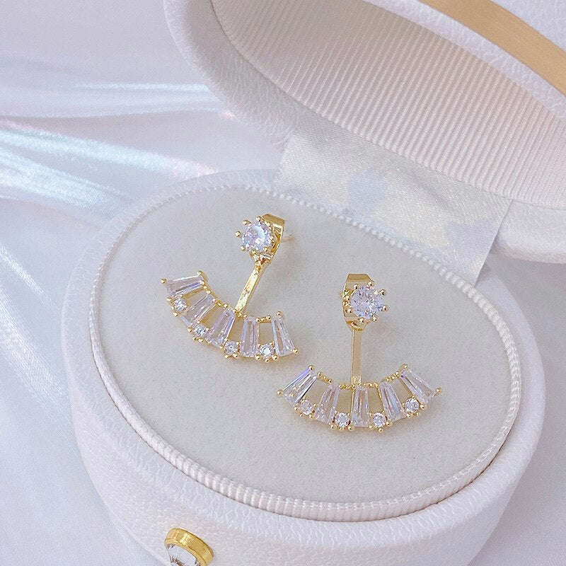 Korean Design Exquisite Copper Inlaid Zircon Fan-Shaped Hook Earrings for Women